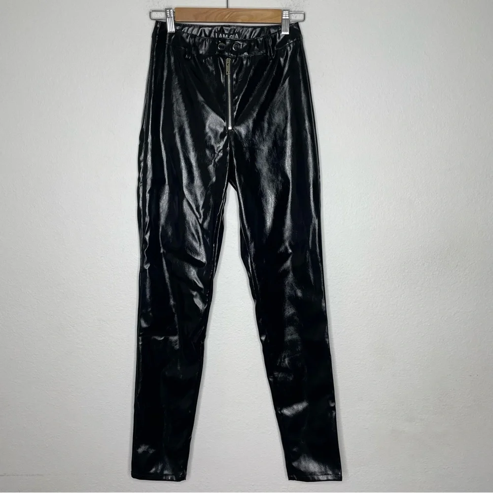 I.AM.GIA Nikole Black Faux Leather Exposed Front Zip PVC Skinny Straight Pants - Picture 2 of 12